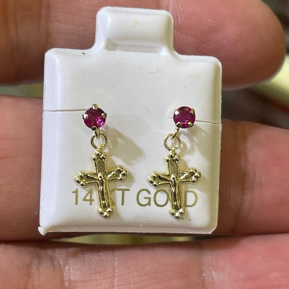 Solid Gold 14 Karat Yellow Ruby Cross Dangling  Cz Diamond Cut Earring
